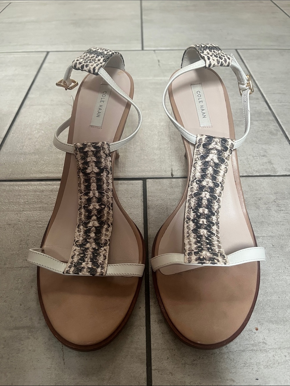 Cole Haan White Snake-Print T-Strap Sandals